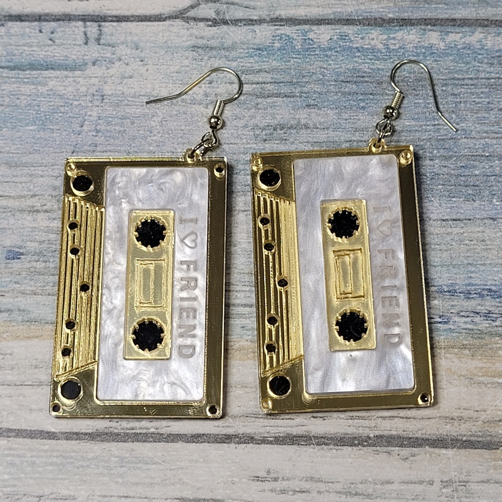 Gold and White Cassette Tape Earrings.